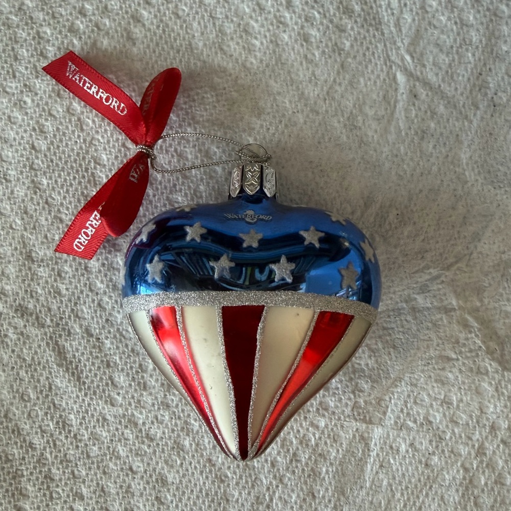 Waterford Heart Ornament with Red, Blue, and Silver Accents USA red bow Stars